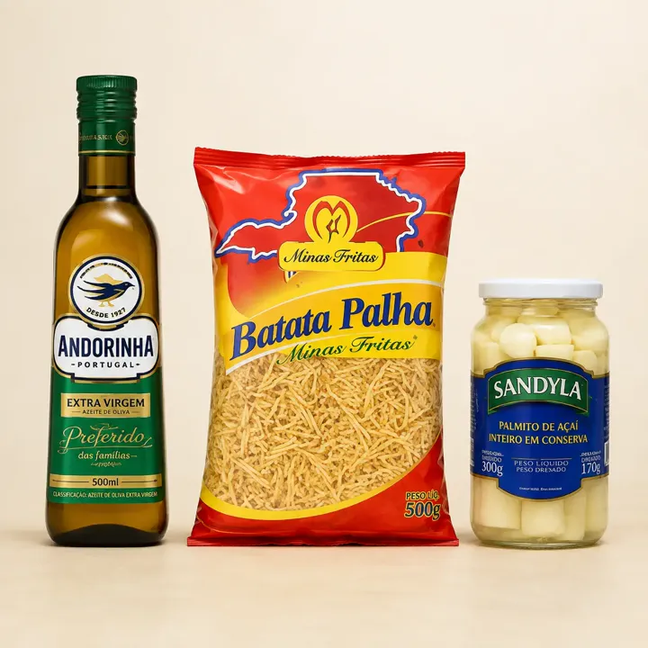 Azeite de oliva, batata palha e palmito em conserva