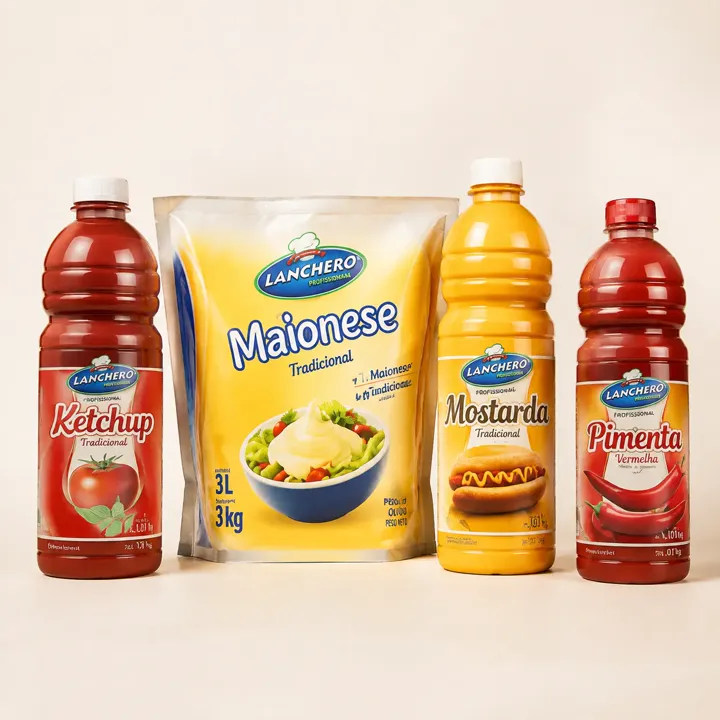 Ketchup, maionese, mostarda e molho de pimenta