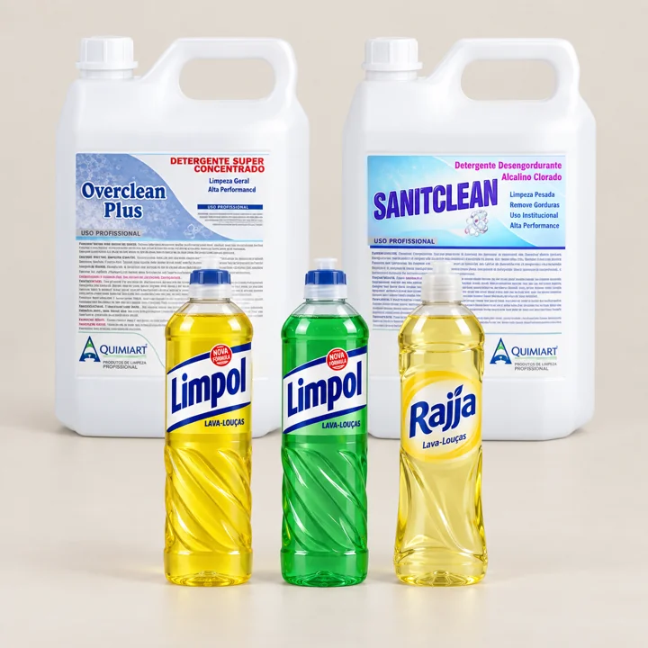 Detergentes líquidos em frascos e galões