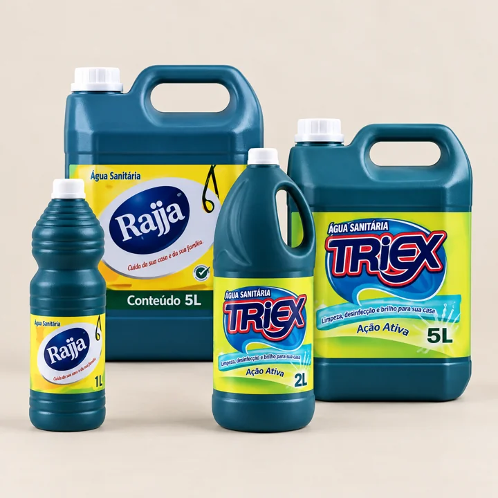Frascos e galões de água sanitária Rajja e Triex